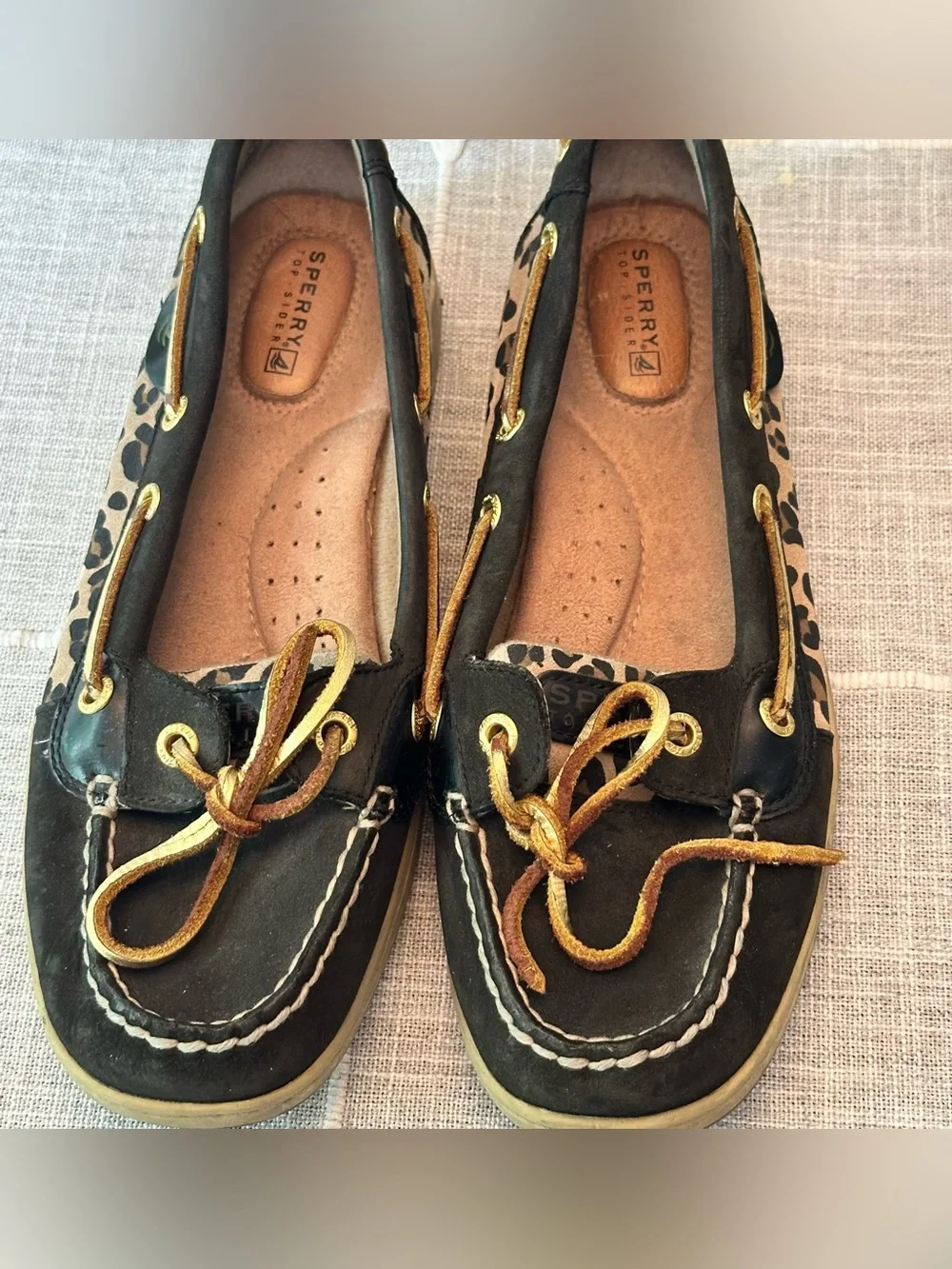 Sperry Top-Sider Boat Shoes Women 8M‎ Black Beige Leopard Mob Wife